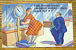 Woman Weighs In While Man Watches Postcard