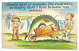 Man With Fish In Wheel-barrel Showing Wife Postcard