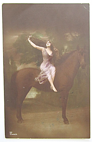Woman Playing With Hair While Sitting On Horse Postcard