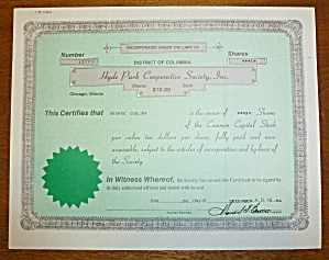 1986 Hyde Park Cooperative Society Stock Certificate