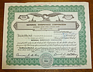 National Sweepstakes Corp Stock Certificate