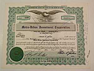1975 Metro-urban Investment Corp Stock Certificate