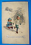 Stastny novy Rok Postcard with Two Kids Sledding