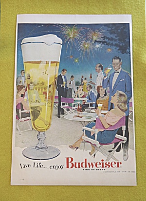 1956 Budweiser Beer W/ Glass Of Beer & Couple At Party