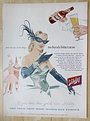 1954 Schlitz Beer With Woman At Masquerade Party