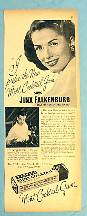 1947 Warren Mint Cocktail Gum W/ Jinx Falkenburg