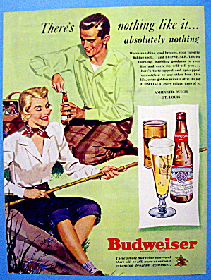 1949 Budweiser Beer W/man Opening Bottle & Woman Fishin