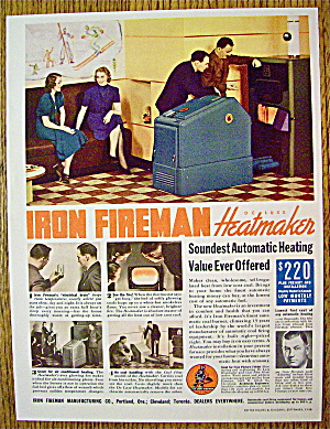 1938 Iron Fireman Heating With Men Looking At Heater