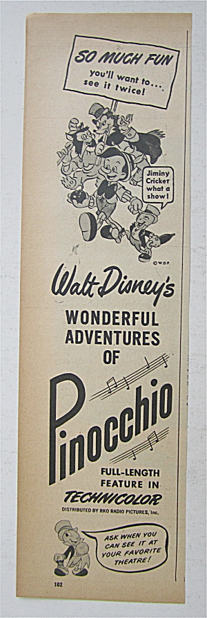 1945 Walt Disney Pinocchio With Pinocchio & The Gang