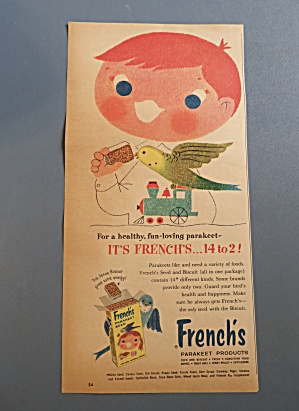 1959 French's Parakeet Seed With Boy Feeding Bird