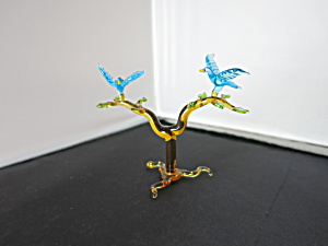 Vintage Miniature Blown Glass Blue Birds On Branch