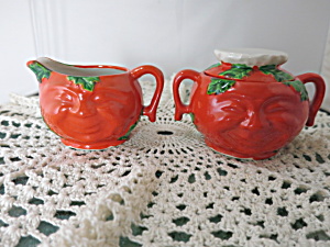 Antique Moriyuma Tomato Creamer And Sugar Bowl Anthropomorphic Wi