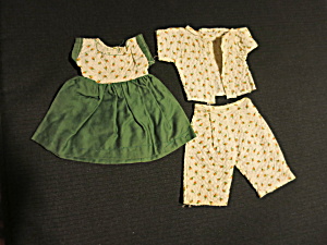 Vintage Doll Dress Coat Bloomers 3 Piece Hand Made Floral Green