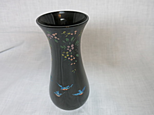 Black Amethyst Glass Vase Painted Flowers Birds 6 1/4in