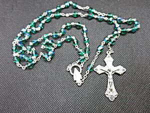 Vintage Italy Rosary Silver Plated Green To Teal Blue Crystal