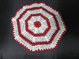 Vintage Crochet Octagon Shape Doily 11 Inch Red And White