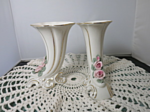 Vintage Dresden Cornucopia Horn Vase Pair Porcelain 1950s Germany