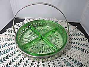 Vaseline Green Glass Four Section Dish With Silver Chrome Caddy