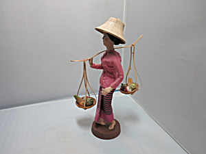 Vintage Bangkok Doll Thailand Lady Carry Pole Fruit Baskets
