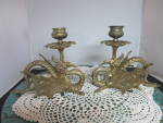 Antique Brass Winged Dragon Griffin Gryphon Candle Holder pair 2
