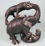 1930s/1940s Carved Ebony Wood Elephant Battling Lions