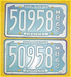 1962 Pr. Of Pennsylvania Boat License Plates