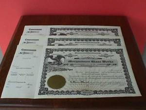 3 Morgantown Glass Works Stock Certificates