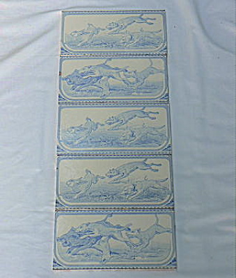 Set Of 5 Blue White Antique Tiles With Hunting Animals