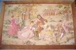 Antique European tapestry wall art set in felt covered wooden frame.
