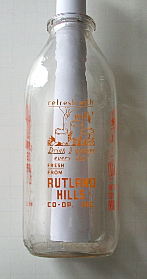 Vintage Rutland Hills Quart Milk Bottle 4 Sided Ads