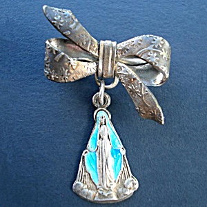 Italian Enameled Virgin Mary Miraculous Medal Bow Pin Brooch