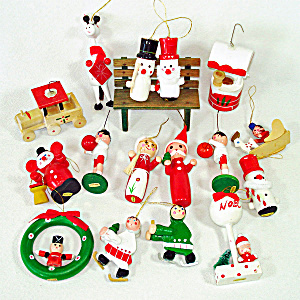 1970s Wood And Flocked Christmas Ornaments Lot Of 31