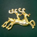 Double Reindeer Rhinestone Goldtone Christmas Brooch Pin