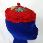 Red Crocheted Ladies or Teen Beret Embroidered Flowers