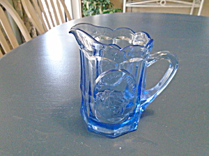 Tiara Indiana Glass In Blue W/mother Goose Child's Pitcher