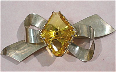 Large Sterling Yellow Glass Stone Bow Pin
