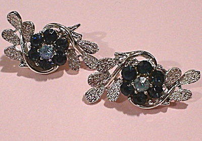 Coro Blue Rhinestone Flower Clip Earrings