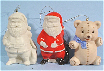 Three Ceramic Ornaments - Two Santas And A Bear