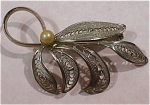 Silver Tone Filigree Leaf Pin with Faux Pearl