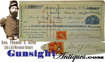 Wisconsin's General T. S. Allen - Signed Check