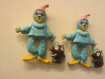 Vintage Tin Back Fridge Magnet Set Dancing Clowns