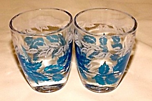 Pair Of French Shot Glass Blue Leaf