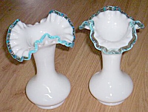 Pair (2) Fenton Aqua Crest Vases