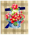 Pretty Basket, Bright Pink Flowers, Real Ribbon on WWII era Birthday Card