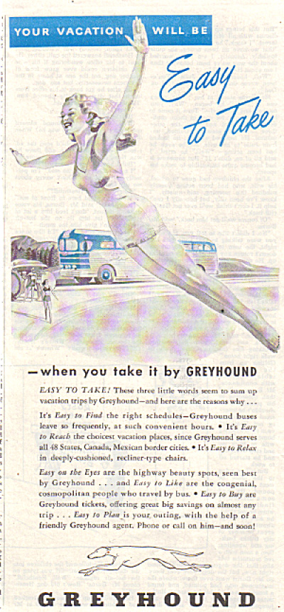 1947 Greyhound Bus Ad Woman Diving Easy Trip