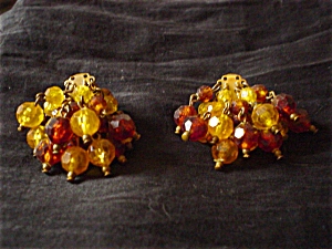 Brown Amber Yellow Beaded Clip Earrings