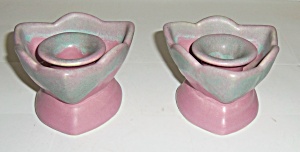 Camark Pottery Early Green Over Rose Drip Candlesticks