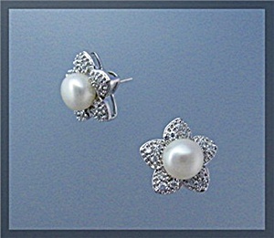 Sterling Silver Pearl And Cz Pierced Flower Earrings