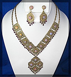 Filigree Glass Opal And Amethyst Crystal Necklace Earr