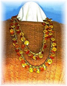 Hobe Amber Lucite Gold Egypt Coin 51 Inch Necklace